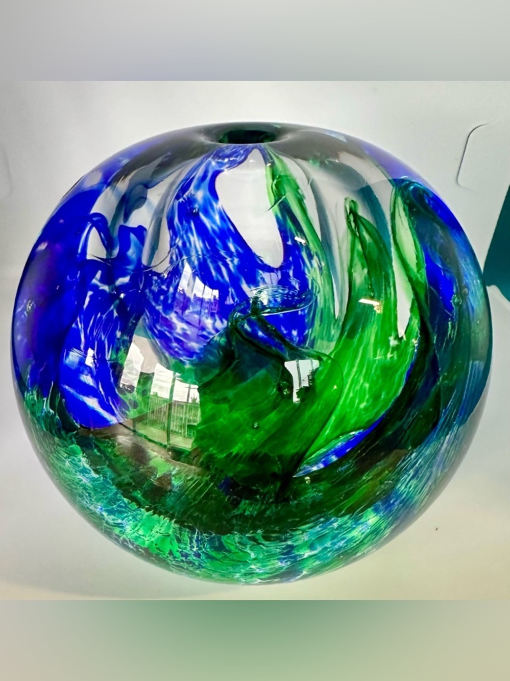 Egermann Czech Art Glass Orb Bud Vase Blue Green Swirl Heavy 3 lb